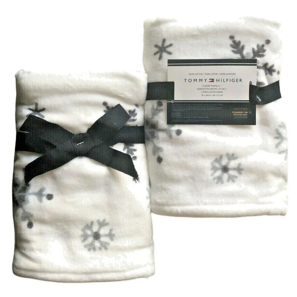 Tommy Hilfiger Christmas Hand Towels Set of 2 Bathroom Holiday White Snowflake